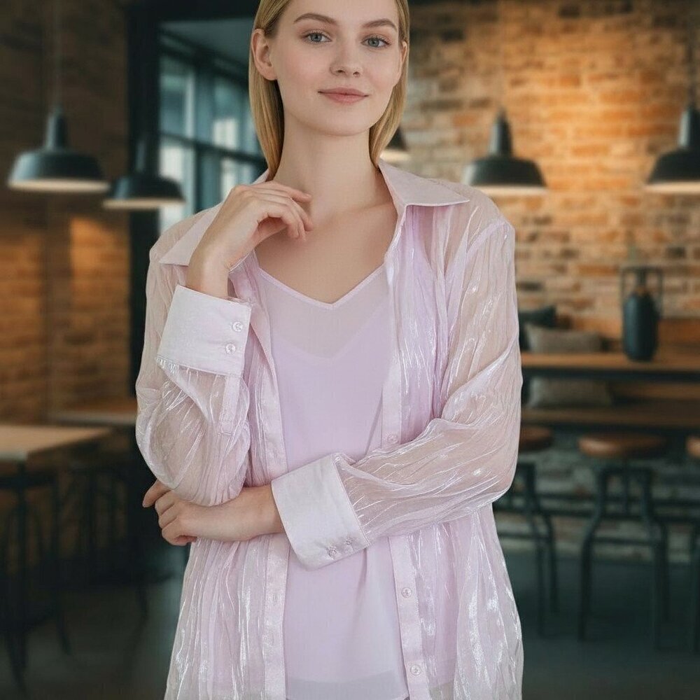 Women Studio 1940 2 Piece Pastel Pink Shiny Crinkle Look Blouse with Cami Size M